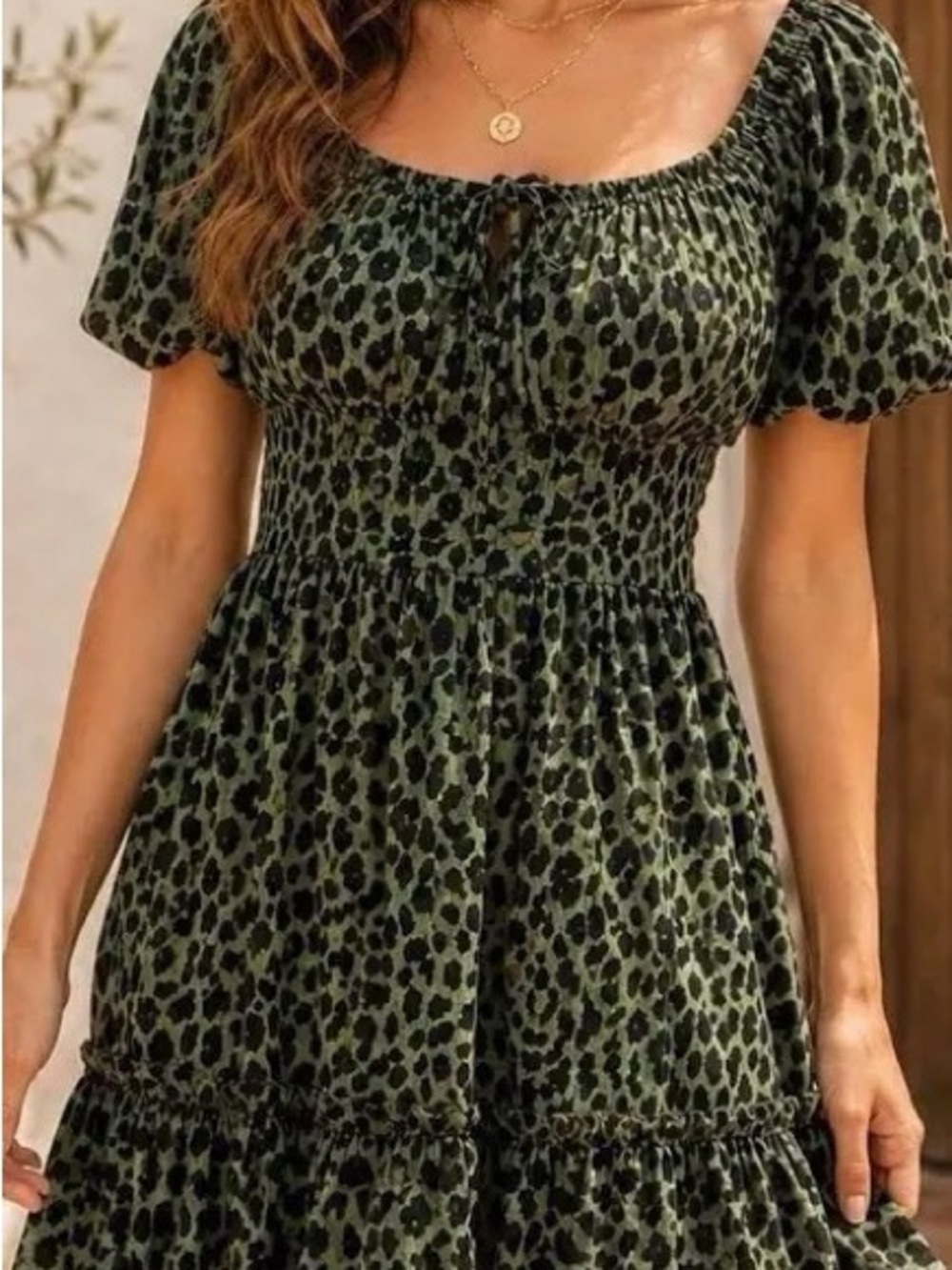 Francesca's Collections Olive & Black Leopard Smocked Midi Dress